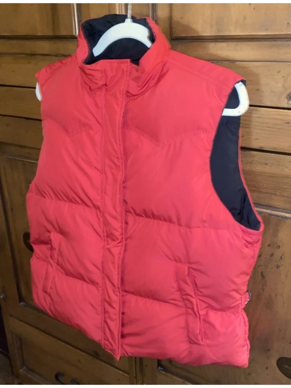 Women’s LAUREN Red/Black Reversible Down Puffer Vest-Large-Adjustable Waist Tabs
